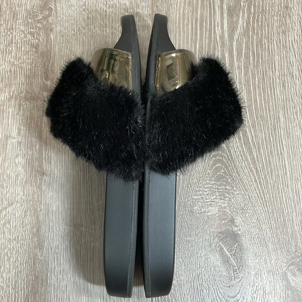 Aldo Gotta Black & Metallic Faux Fur Slide Sandal 7.5